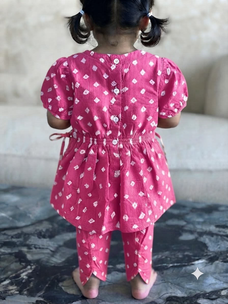 Cuddly Cubs Girls Pink Bandhani Angrakha & Tulip Pant Set