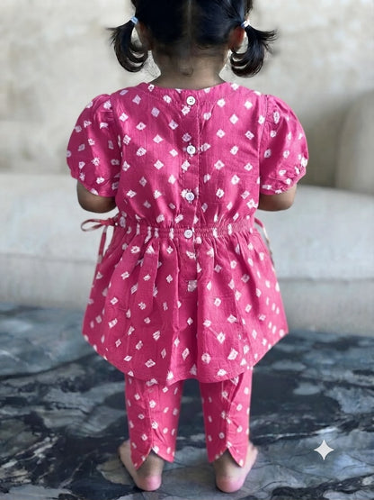 Cuddly Cubs Girls Pink Bandhani Angrakha & Tulip Pant Set