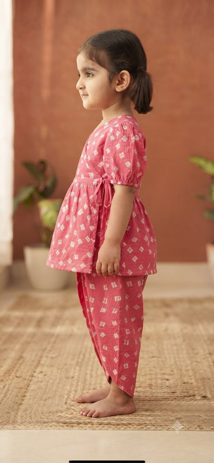 Cuddly Cubs Girls Pink Bandhani Angrakha & Tulip Pant Set