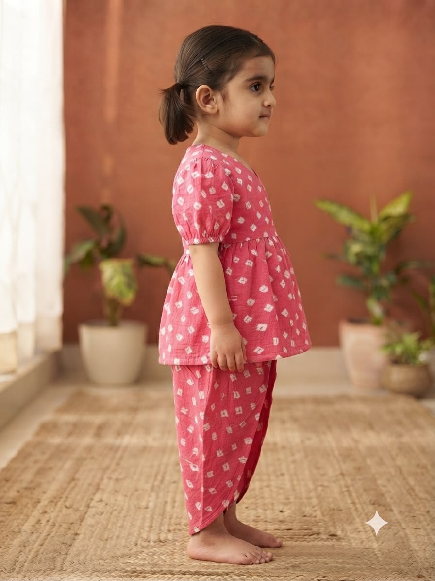 Cuddly Cubs Girls Pink Bandhani Angrakha & Tulip Pant Set