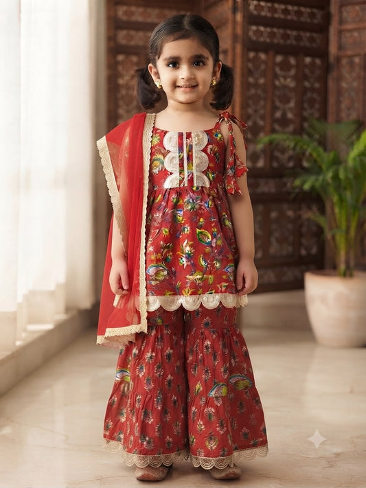 Cuddly Cubs Girls Crimson Floral Sleeveless Gharara Set with Scalloped Lace Trim