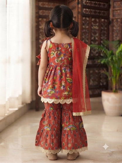 Cuddly Cubs Girls Crimson Floral Sleeveless Gharara Set with Scalloped Lace Trim