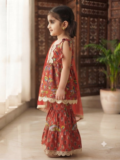 Cuddly Cubs Girls Crimson Floral Sleeveless Gharara Set with Scalloped Lace Trim
