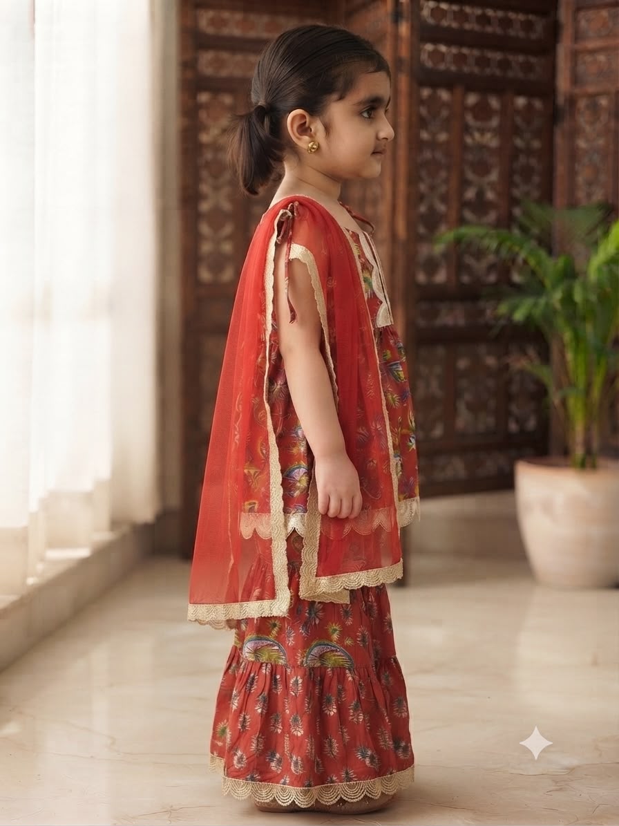 Cuddly Cubs Girls Crimson Floral Sleeveless Gharara Set with Scalloped Lace Trim