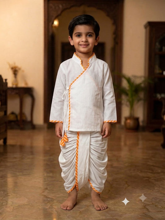 Cuddly Cubs Boys Pure White Angrakha Kurta & Dhoti Set with Leheriya Orange Piping
