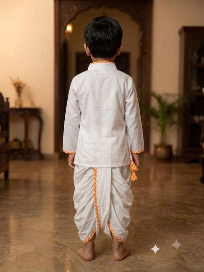 Cuddly Cubs Boys Pure White Angrakha Kurta & Dhoti Set with Leheriya Orange Piping