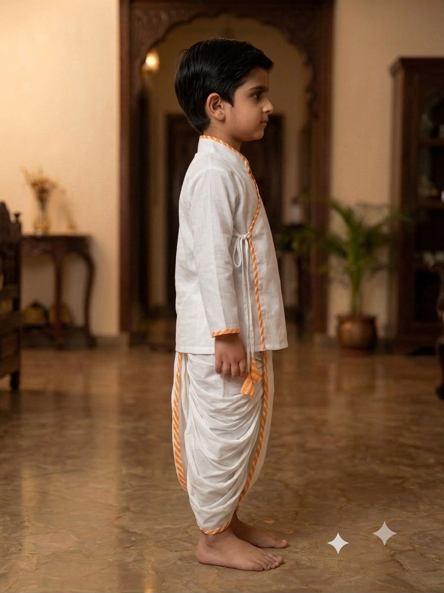 Cuddly Cubs Boys Pure White Angrakha Kurta & Dhoti Set with Leheriya Orange Piping