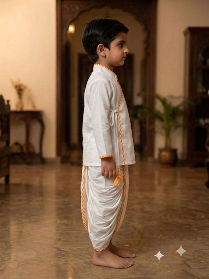 Cuddly Cubs Boys Pure White Angrakha Kurta & Dhoti Set with Leheriya Orange Piping