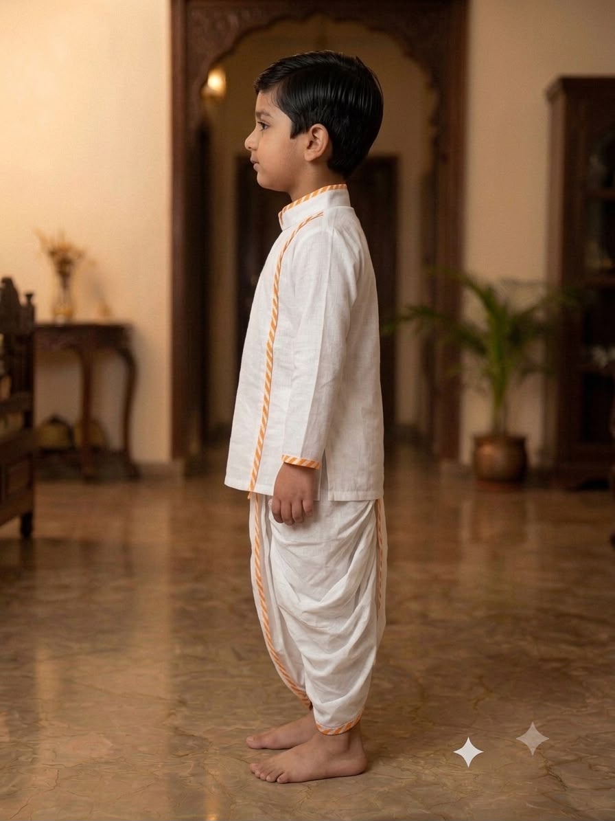 Cuddly Cubs Boys Pure White Angrakha Kurta & Dhoti Set with Leheriya Orange Piping