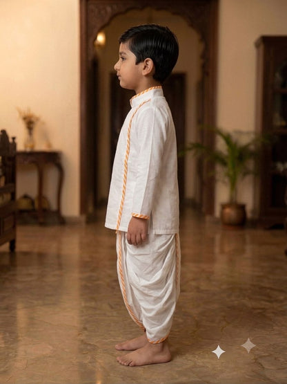 Cuddly Cubs Boys Pure White Angrakha Kurta & Dhoti Set with Leheriya Orange Piping
