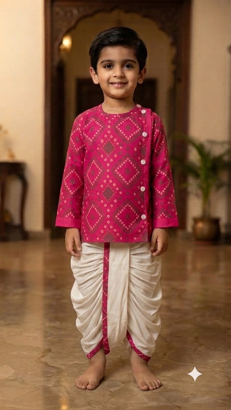 Cuddly Cubs Boys Pink Bandhani Print Kurta & Dhoti Set