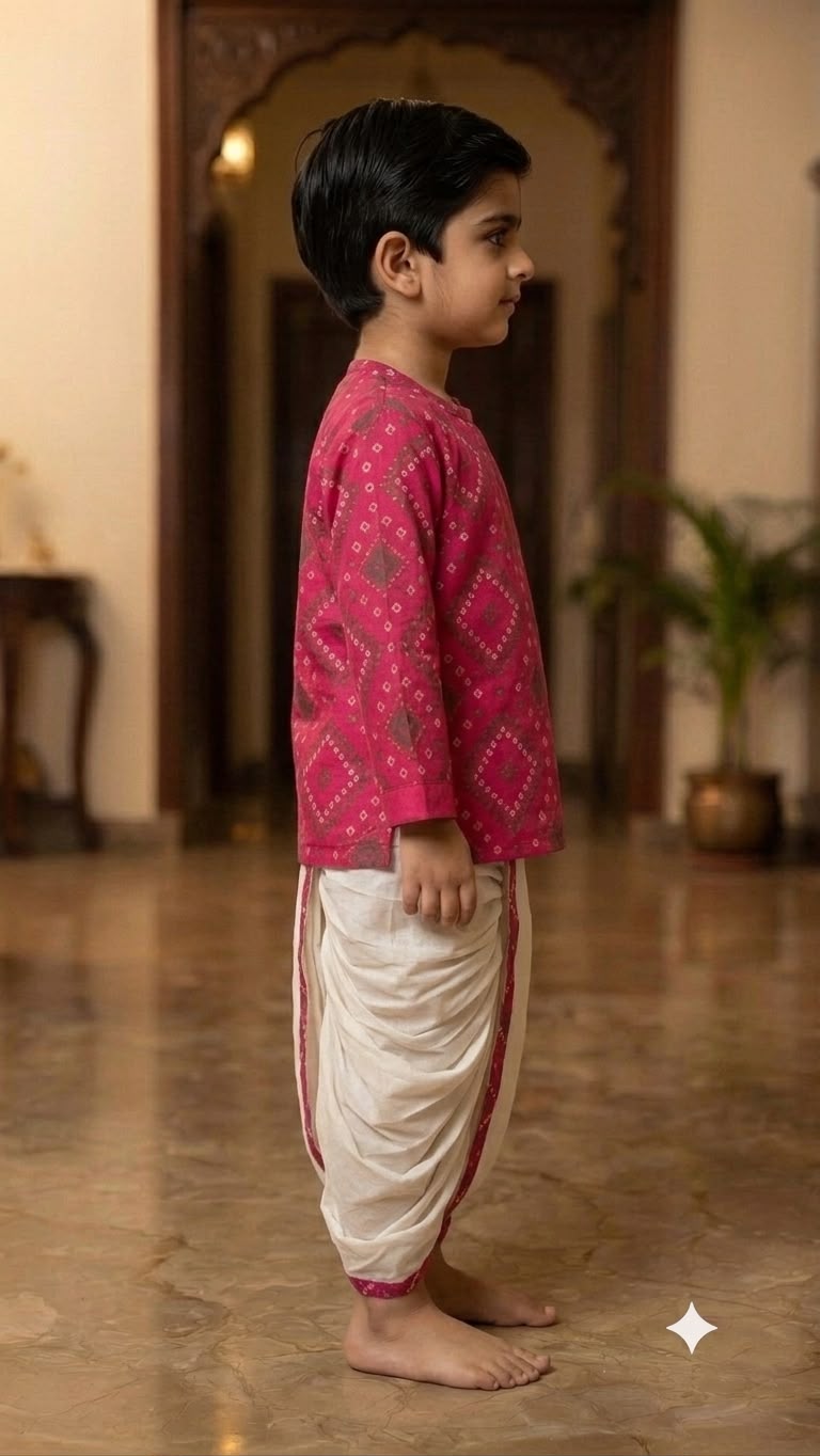 Cuddly Cubs Boys Pink Bandhani Print Kurta & Dhoti Set