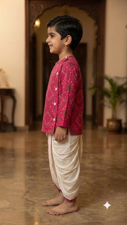 Cuddly Cubs Boys Pink Bandhani Print Kurta & Dhoti Set