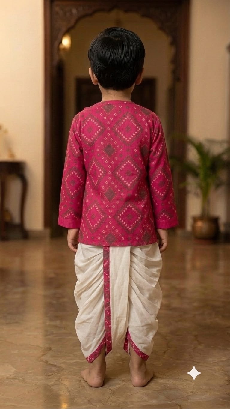 Cuddly Cubs Boys Pink Bandhani Print Kurta & Dhoti Set