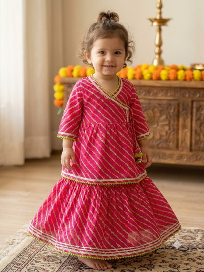 Cuddly Cubs Girls Rani Pink Leheriya Angrakha Skirt Set