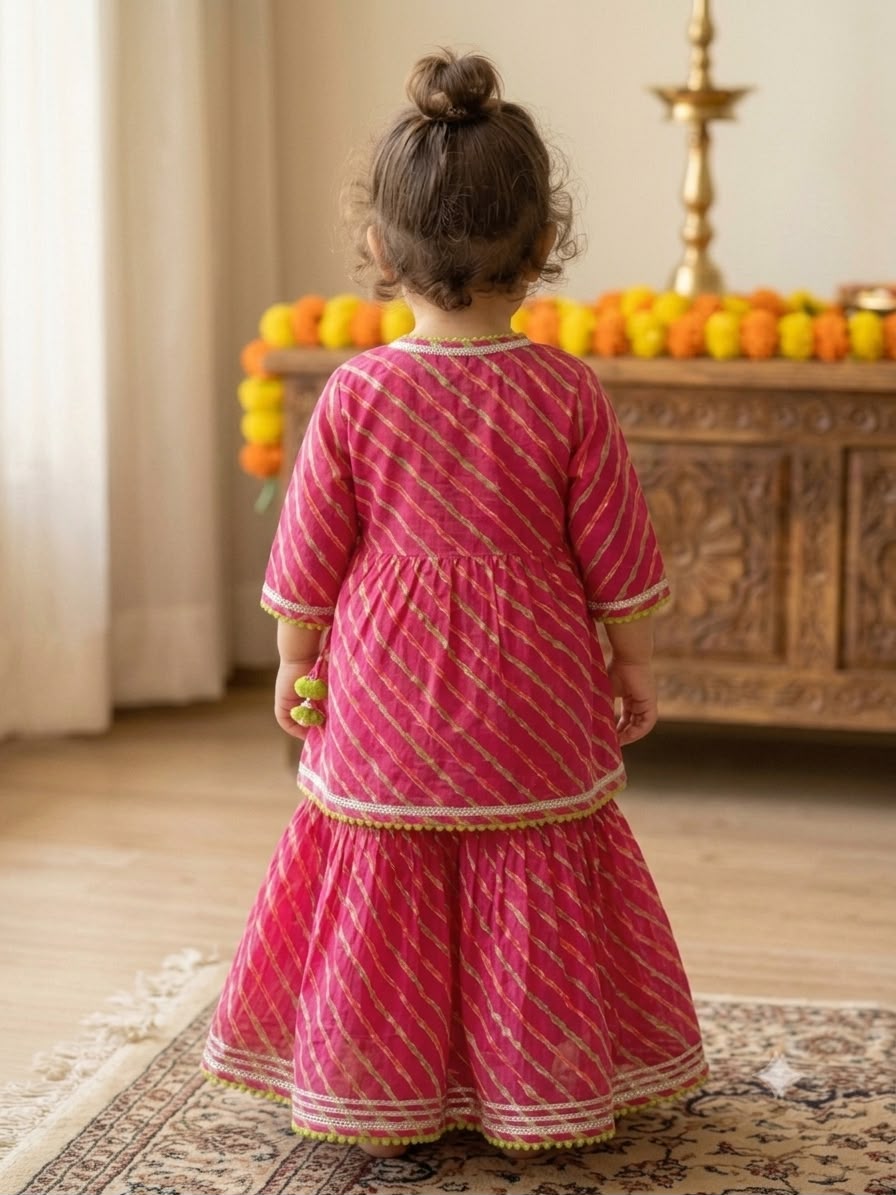 Cuddly Cubs Girls Rani Pink Leheriya Angrakha Skirt Set
