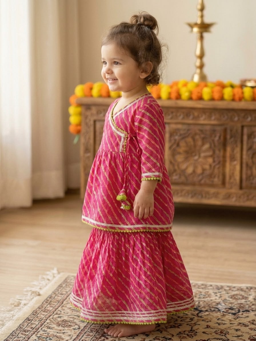 Cuddly Cubs Girls Rani Pink Leheriya Angrakha Skirt Set