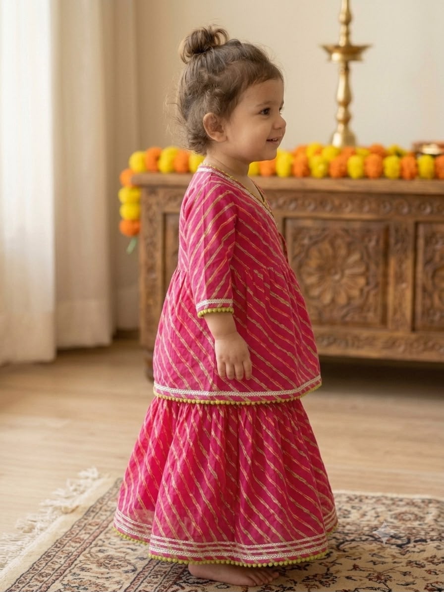 Cuddly Cubs Girls Rani Pink Leheriya Angrakha Skirt Set