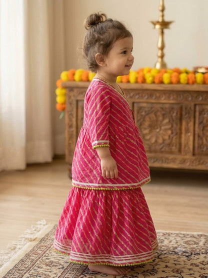 Cuddly Cubs Girls Rani Pink Leheriya Angrakha Skirt Set