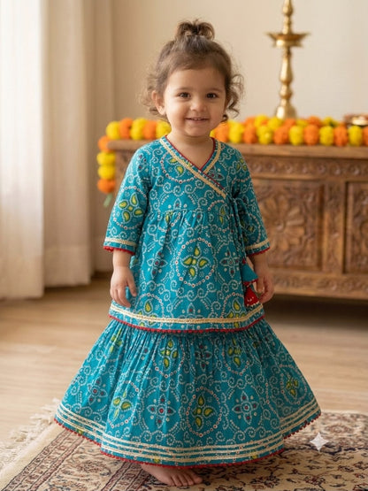 Cuddly Cubs Girls Teal Blue Bandhani Angrakha Skirt Set