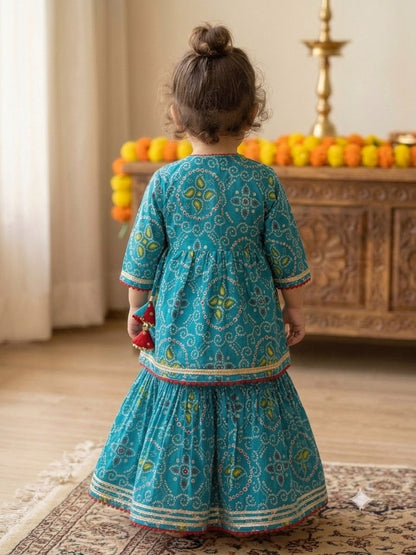 Cuddly Cubs Girls Teal Blue Bandhani Angrakha Skirt Set