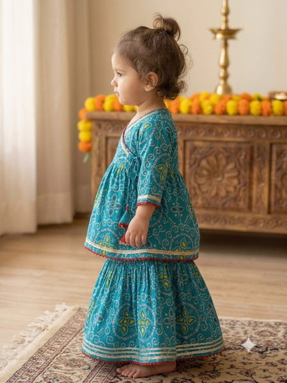 Cuddly Cubs Girls Teal Blue Bandhani Angrakha Skirt Set