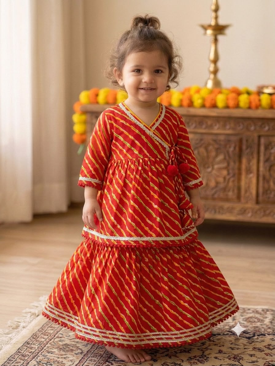 Cuddly Cubs Girls Red Lehriya Angrakha Skirt Set