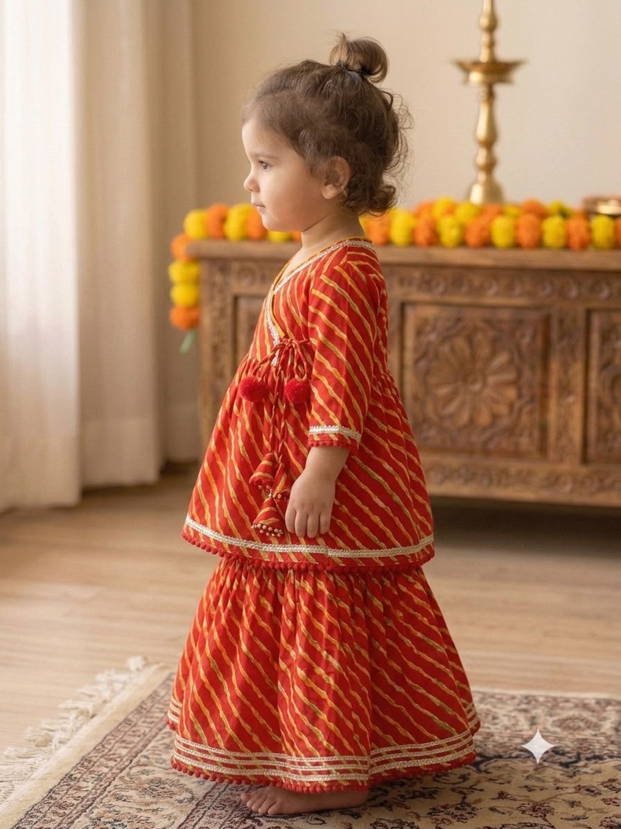 Cuddly Cubs Girls Red Lehriya Angrakha Skirt Set