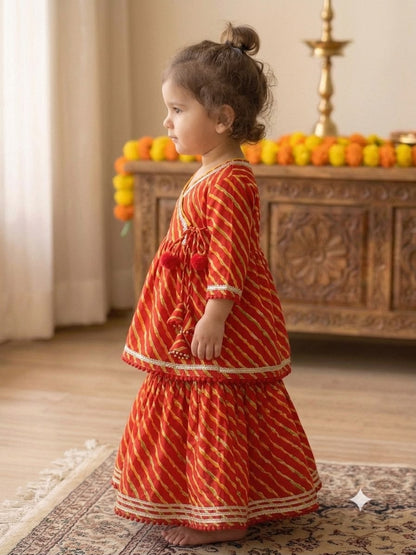 Cuddly Cubs Girls Red Lehriya Angrakha Skirt Set