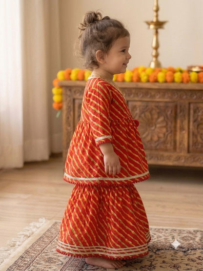 Cuddly Cubs Girls Red Lehriya Angrakha Skirt Set
