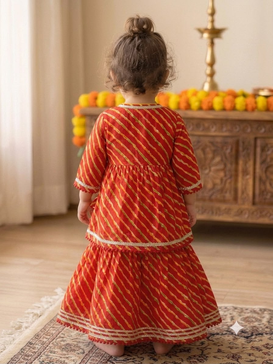 Cuddly Cubs Girls Red Lehriya Angrakha Skirt Set