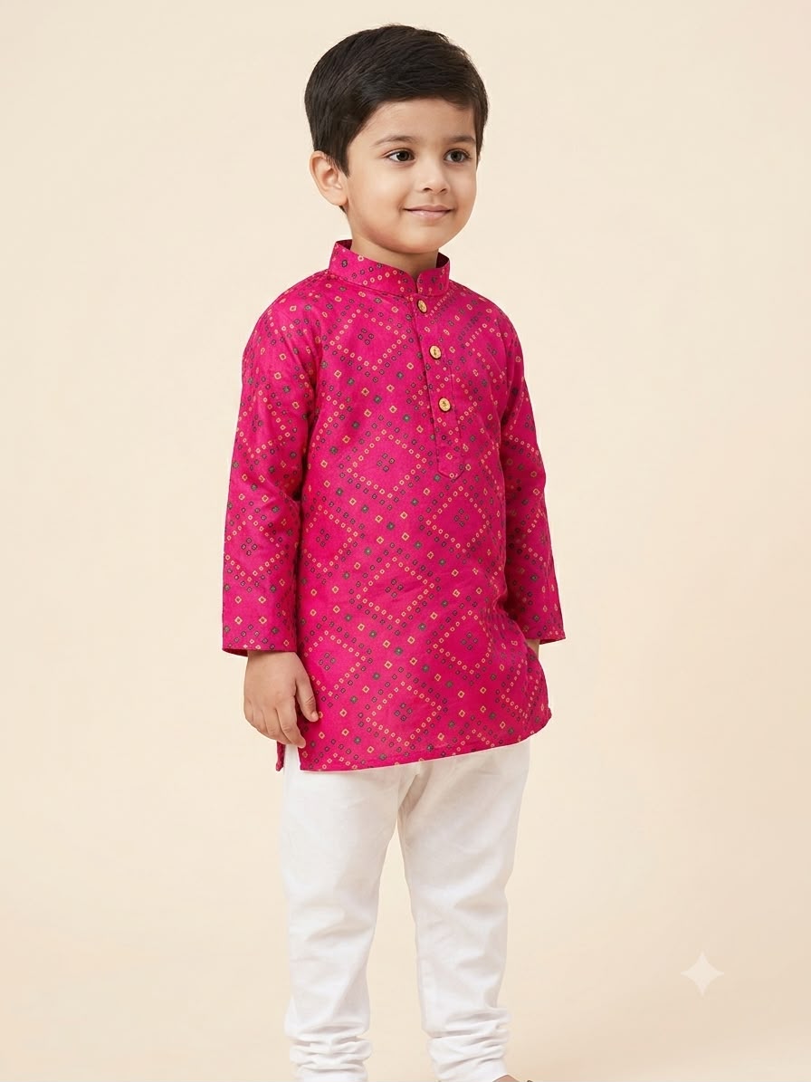 Cuddly Cubs Boys Pink Bandhani Print Kurta Set