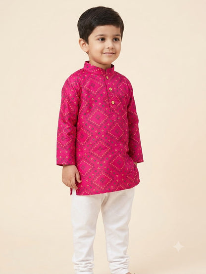 Cuddly Cubs Boys Pink Bandhani Print Kurta Set