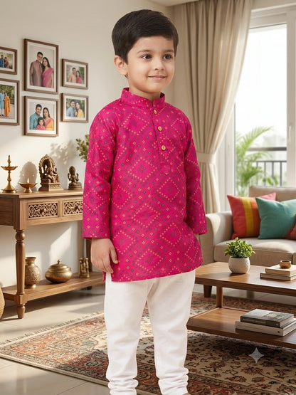 Cuddly Cubs Boys Pink Bandhani Print Kurta Set