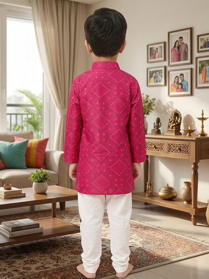 Cuddly Cubs Boys Pink Bandhani Print Kurta Set