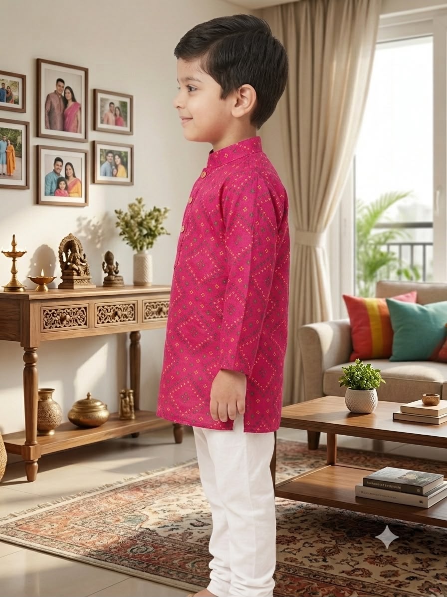 Cuddly Cubs Boys Pink Bandhani Print Kurta Set