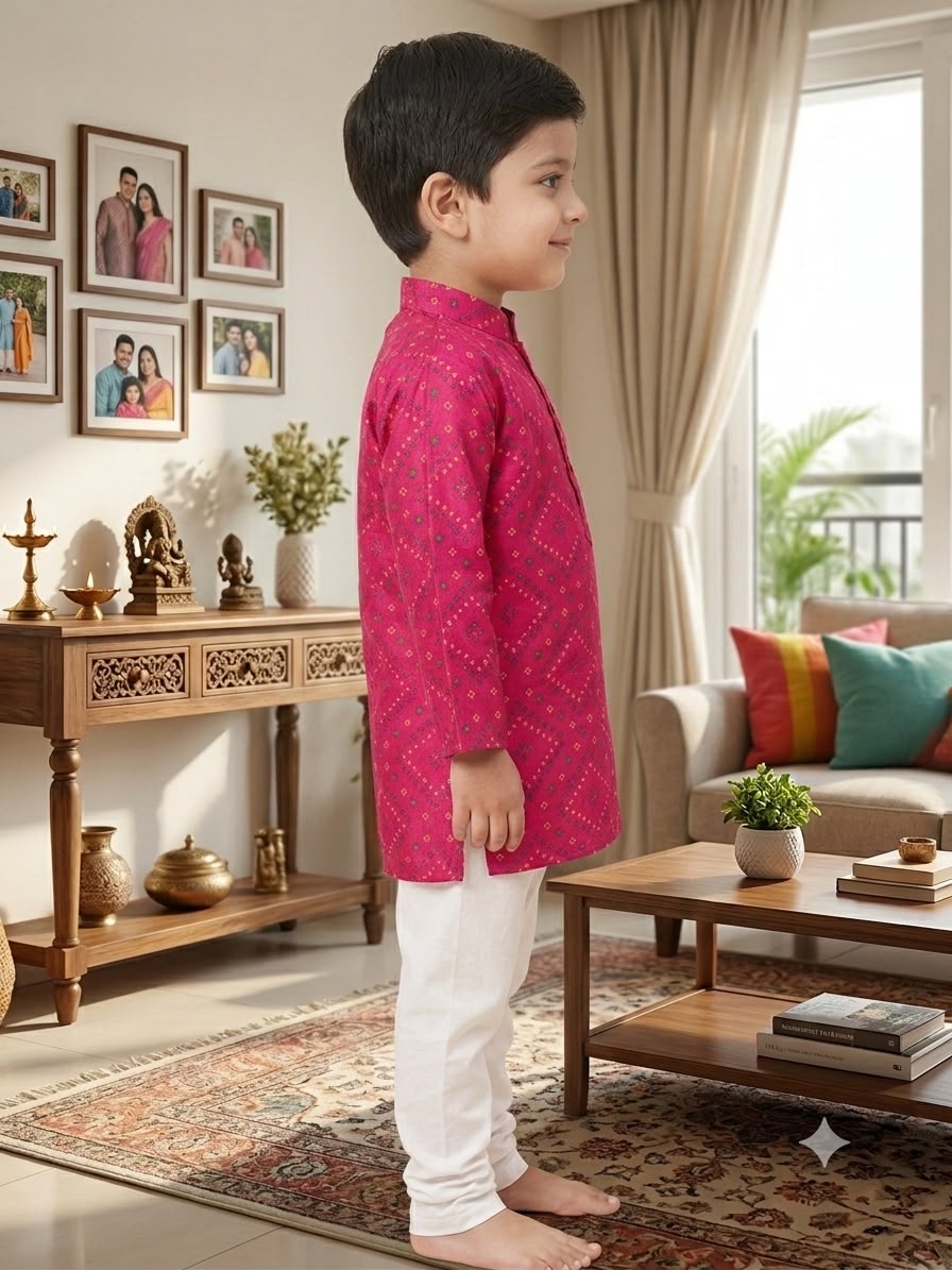 Cuddly Cubs Boys Pink Bandhani Print Kurta Set