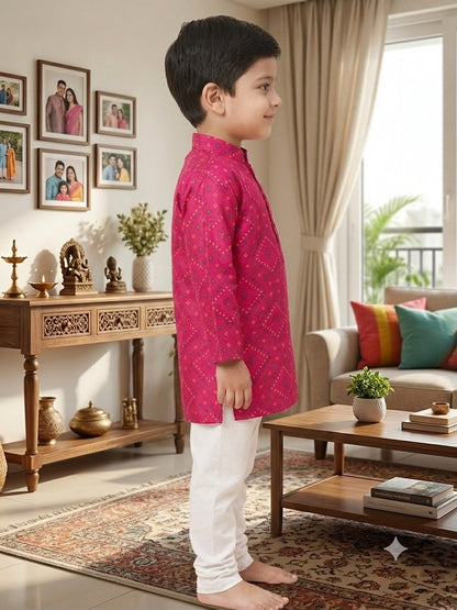 Cuddly Cubs Boys Pink Bandhani Print Kurta Set