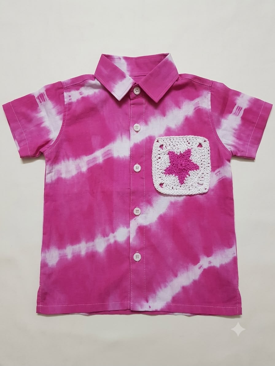 Cuddly Cubs Boys Hot Pink Tie-Dye Crochet Star Pocket Shirt