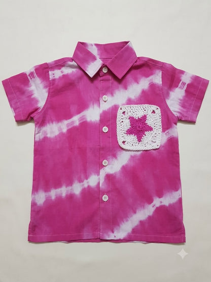 Cuddly Cubs Boys Hot Pink Tie-Dye Crochet Star Pocket Shirt
