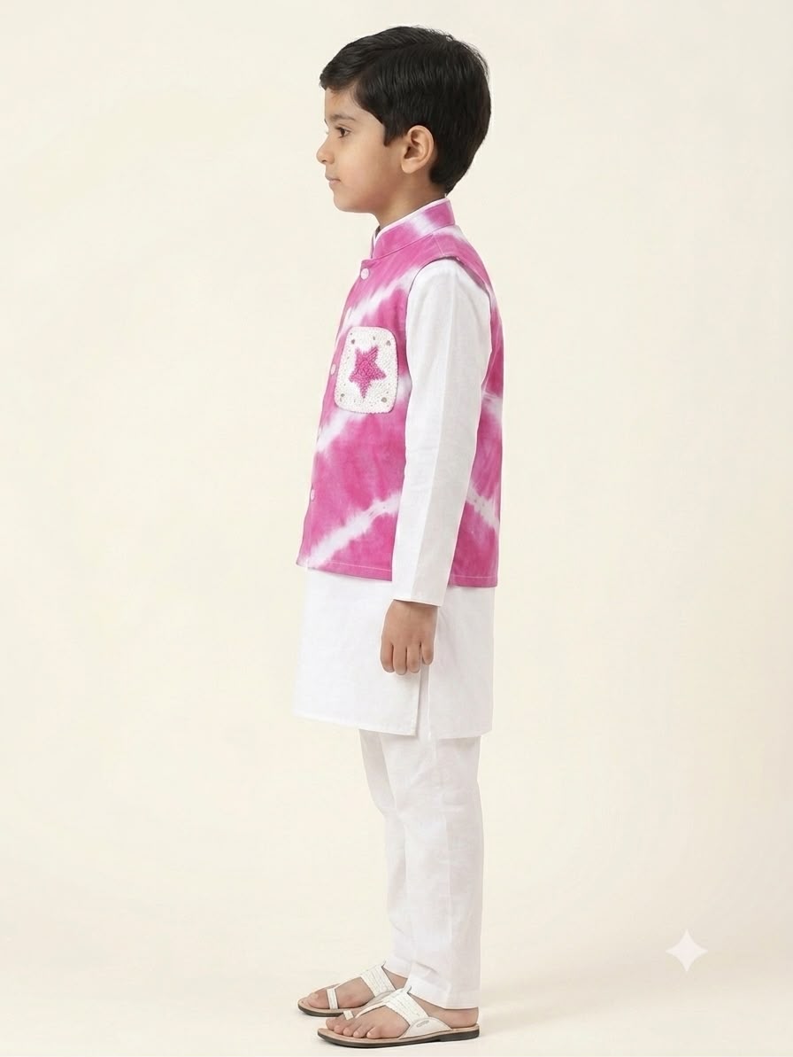 Cuddly Cubs Boys Pink Leheriya Crochet Star Pocket Jacket