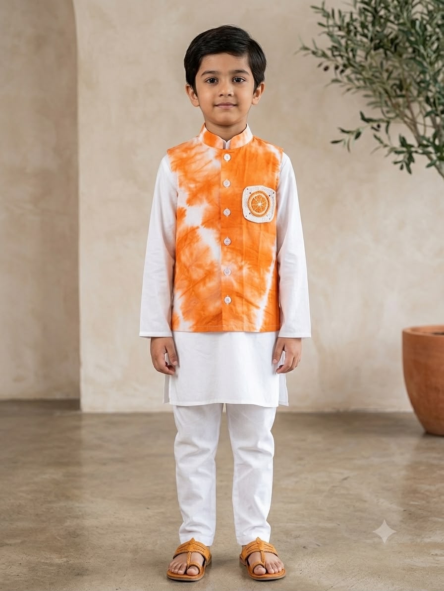 Cuddly Cubs Boys Saffron Leheriya Crochet Pocket Jacket