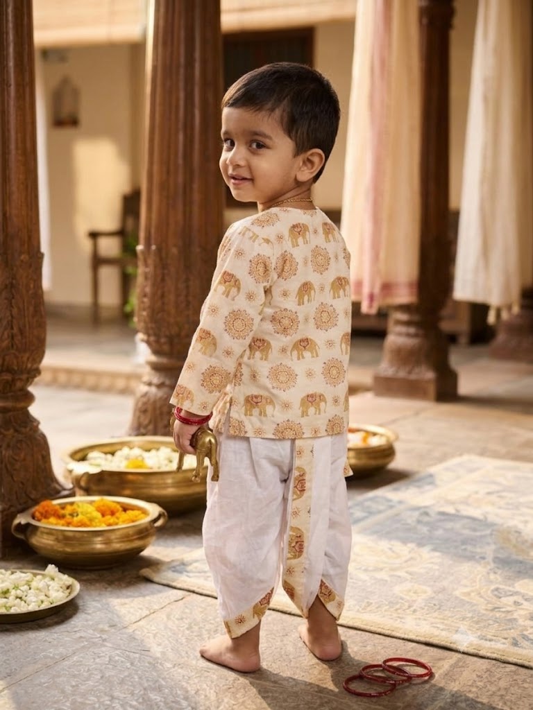 Cuddly Cubs Boys Beige Elephant printed Dhoti Kurta Set