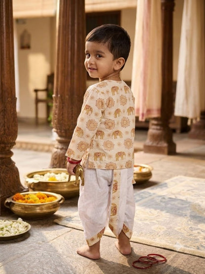 Cuddly Cubs Boys Beige Elephant printed Dhoti Kurta Set