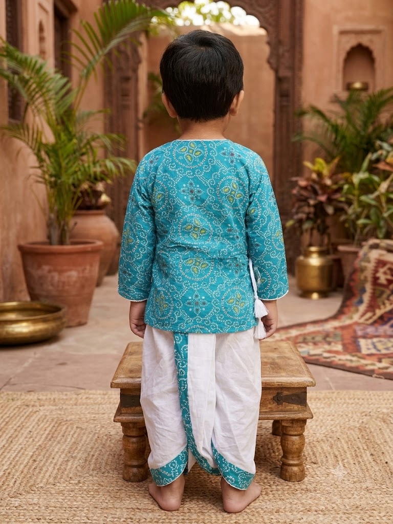 Cuddly Cubs Boys Blue Bandhani Print Dhoti Kurta Set