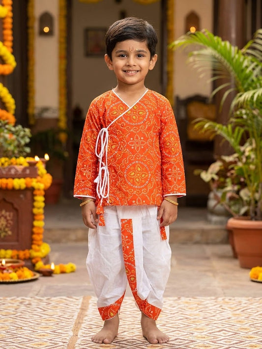 Cuddly Cubs Boys Red Bandhani Dhoti Kurta Set