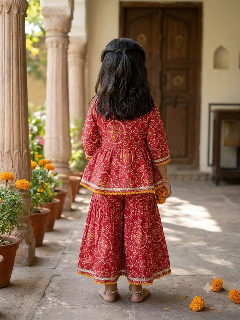 Cuddly Cubs Girls Red Bandhani Angrakha Skirt Set