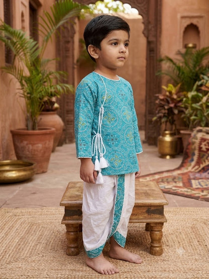 Cuddly Cubs Boys Blue Bandhani Print Dhoti Kurta Set