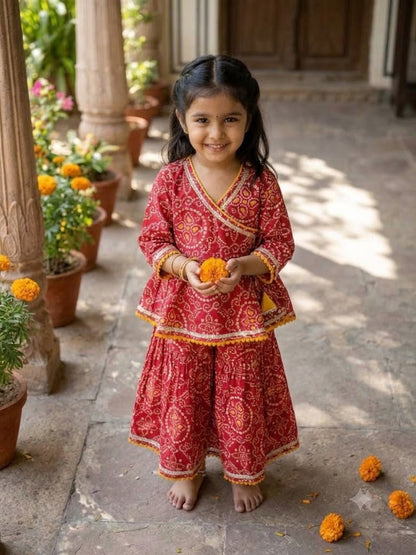 Cuddly Cubs Girls Red Bandhani Angrakha Skirt Set